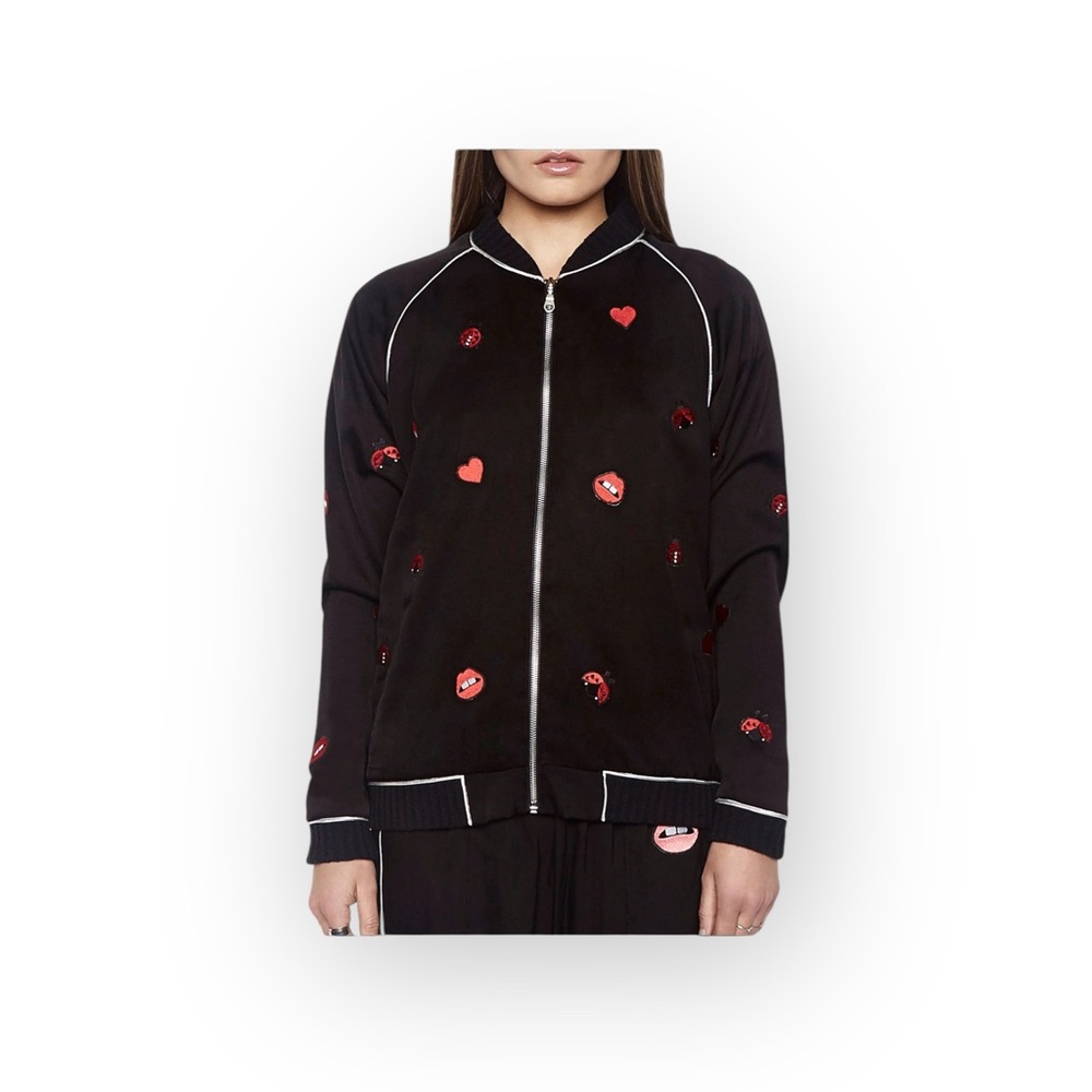 new Lauren Moshi 𖠌 Paris Ladybug Love Kiss Patch Bomber Jacket 𖠌 Black 𖠌 Medium - Picture 5 of 16